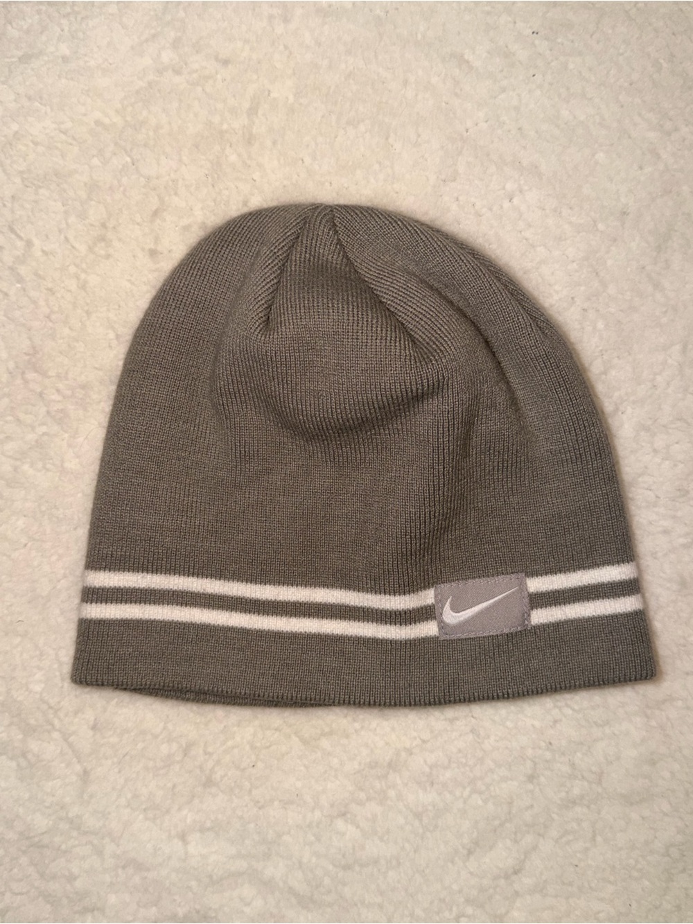 Nike Gray Knit Beanie with White Stripe Accents OS